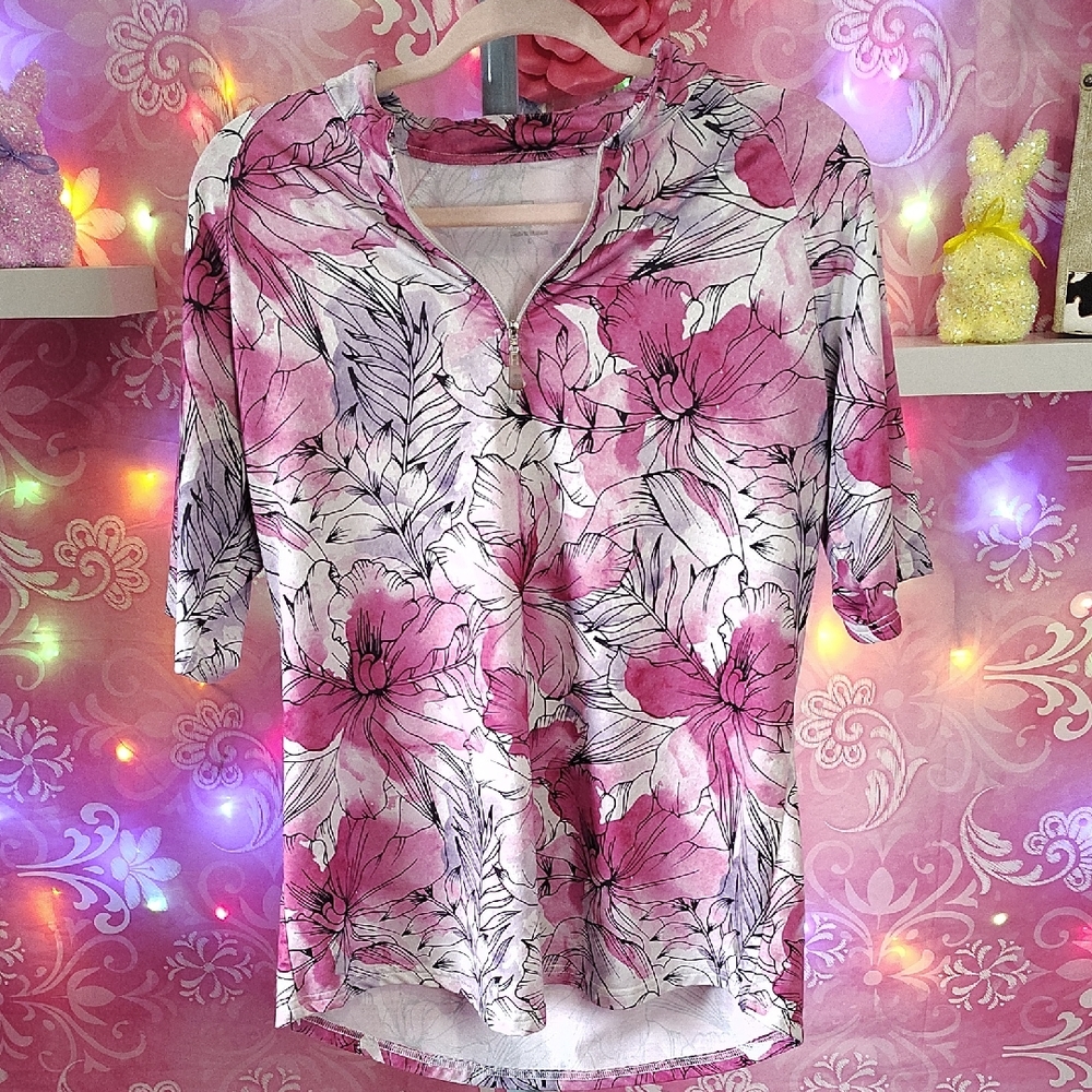 Elegant Floral Pink Short Sleeve Women's Top